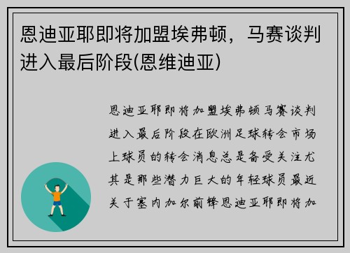 恩迪亚耶即将加盟埃弗顿，马赛谈判进入最后阶段(恩维迪亚)